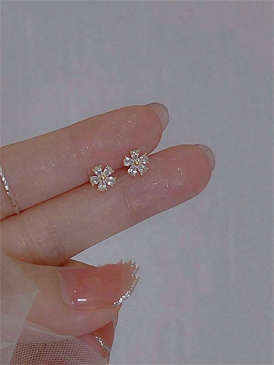 CHOSHILAR 1pair Glamorous Cubic Zirconia Flower Stud Earrings For Women For Daily Decoration Valentines,Mom,Mother,Mother's Day,Gift - 彩色 - 查看 1