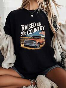 Camiseta Unisex 100% Algodón, Estampada con Diseño de Música Country de los 90, Estilo Cowgirl y Cowboy, Cuello Redondo, Manga Corta - Negro - Ver 6