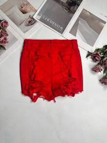 Summer Sexy Ripped Frayed Hem Fitted Shorts, Fashionable Cute, Versatile Outdoor Women Clothing Casual Red - Red - View 6