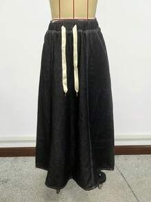 Women's Casual Paperbag Elastic High Waist A Line Long Maxi Flare Denim Skirt - 黑色 - 查看 3