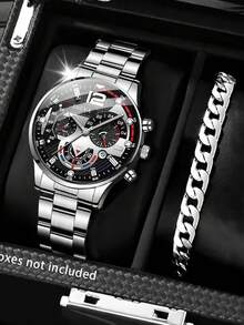 男士豪华石英表两件套，圆形商务休闲合金表盘，配链式表带，适合度假、聚会、商务及日常佩戴，男士最佳礼品套装 - 黑色 - 查看 5