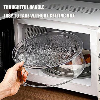 1 pieza Protector antisalpicaduras multifuncional para microondas con mango - Resistente al calor hasta 200°C, Cubierta antisalpicaduras de 360°, Mantiene calientes los vegetales, frutas y platos - Se ajusta a la mayoría de los microondas, refrigeradores y congeladores, Agarre fácil, Adecuado para preparación de comidas, Plástico duradero antiaceitoso y antisalpicaduras, Apilable y fácil de limpiar, Adecuado para restaurantes, campamentos, parrillas al aire libre y uso doméstico diario, Accesorio de preparación de cocina
