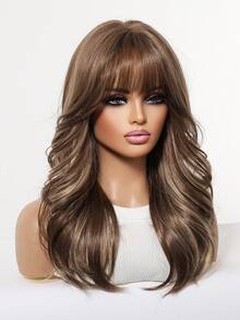 18-Inch Long Wavy Brown Wig With Blonde Highlights, Heat Resistant Synthetic Fiber Wig, Natural Daily Cosplay Party Wig For Women - Brown - View 4