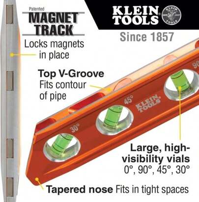 Klein Tools 935AB4V Level, 6-Inch Magnetic Torpedo And Conduit Level With 0_30_45_90 Degree Vials, V-Groove And Magnet Track, High Visibility Orange