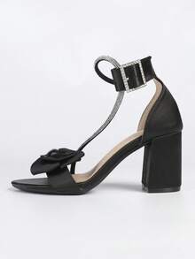 Women's Bow Rhinestone Decor Chunky Heel Open Toe Ankle Strap Sandals, French Chic Style, Green High Heel Sandals For Summer - Black - View 5