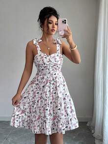 Đầm hai dây họa tiết hoa dành cho nữ, đầm ngắn không tay mùa hè mới, hoàn hảo cho kỳ nghỉ, đi biển, mặc hàng ngày, hẹn hò và nhiều dịp khác, màu hồng thanh lịch. - Hồng - Xem 5