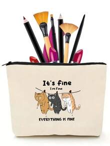 1pc Reusable Canvas Bag With Cute Pattern, Pencil Case, Handheld Large Capacity Student Textbook & Assignment Storage Bag, Subject Organizer File Folder, Zipper Document Pouch, Cosmetic Bag - Multicolor - View 6