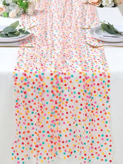1Pc Rainbow Dots Tulle Mesh Table Runner,Colorful Polka Dot Gauze Gauze Polyester Double-Sided Table Cover,75*180cm Tablecloth,DIY Crafts,Gender Reveal Party Decor,Wedding Decor,1st Birthday Decorations, Baby Shower Supplies, Baby Party Supplies, Holiday Party Supplies,Home Decor,Room Decor,Table Decoration,Tabletop Decor