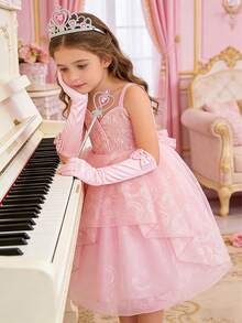 4件套女童粉色吊带蓬蓬印花连衣裙，可爱公主裙，适合派对、圣诞节、生日聚会 - 粉色 - 查看 1