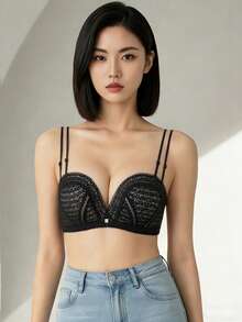 Áo ngực ren gợi cảm dành cho nữ châu Á, có đệm mút, không gọng, nâng ngực tạo đường cong quyến rũ [Dành cho vòng một nhỏ nhắn] - màu đen - Xem 2