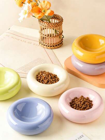 Large Donut-Shaped Ceramic Pet Bowl For Cats And Dogs - Stylish Snack And Water Dish - Easy To Clean - Suitable For Small To Medium Pets - Wide Rim Anti-Spill Design - Aesthetic Pet Food Bowl