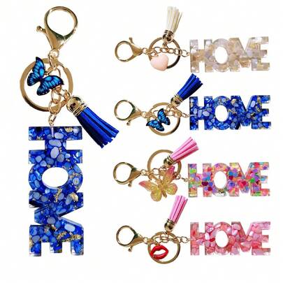 1个多色英文“HOME”流苏钥匙扣，蝴蝶爱心嘴唇金属吊坠，女士包包装饰，生日节日派对礼物