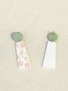 1对可爱粉色花卉印花陶瓷质感亚克力耳环，迷人而充满女人味 - 彩色 - 查看 6