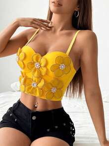 手工水钻链条休闲吊带背心，时尚度假风，百搭日常夏季穿搭 - 黃色 - 查看 2