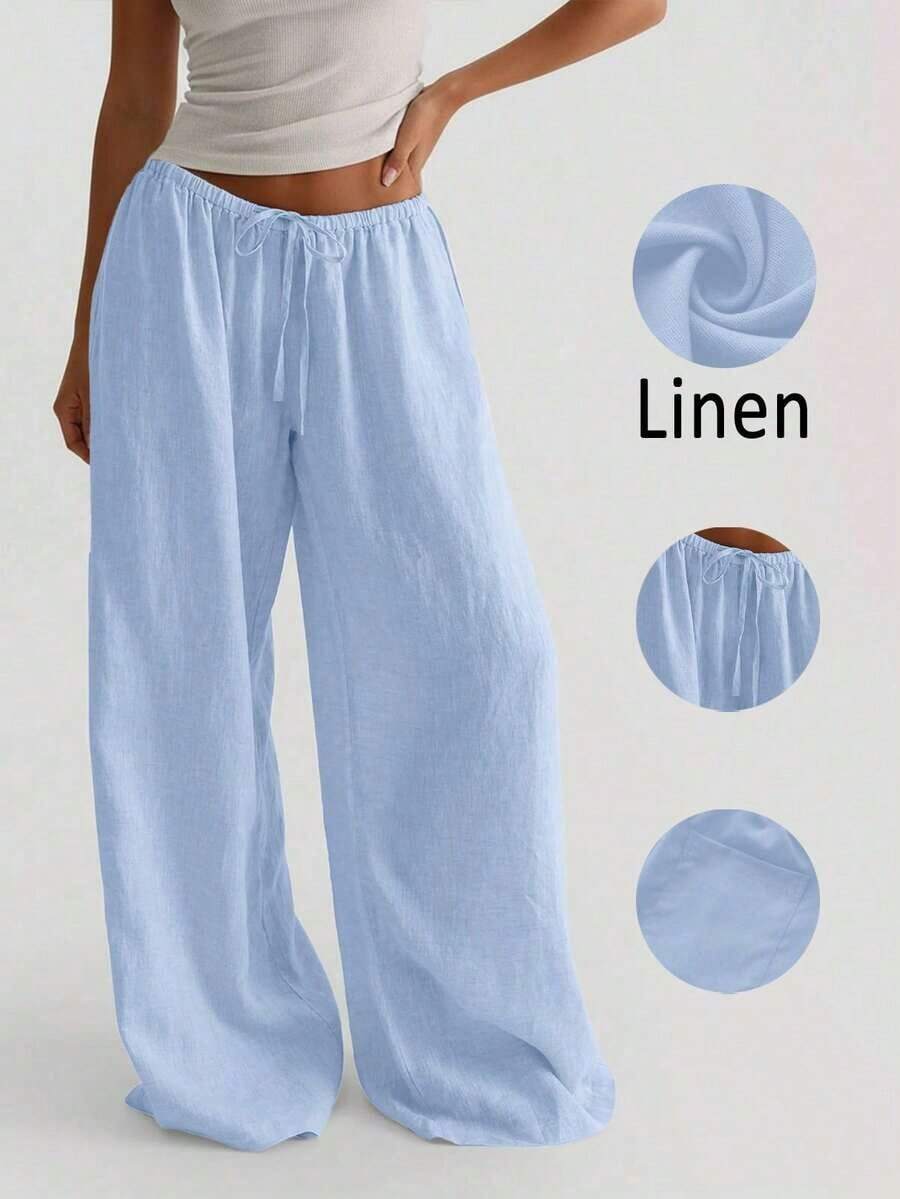 Pantalones anchos de lino sueltos, cómodos y versátiles para mujer, ideales para primavera - Azul - Ver 1