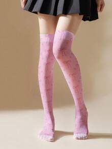 1/2 Pairs Thin 3D Printed Pink Bow & Heart Pattern Women Stockings - Cute Girly Style Tights, Suitable For Daily Wear, Dates, Holidays, 360 Degree Printed Over-The-Knee Stockings, Exclusive Spring/Summer Design - Multicolor - View 4