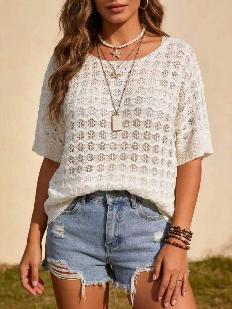 Plus Size Hollow Out Knit Short Sleeve Pullover Top, Spring/Summer White - White - View 1