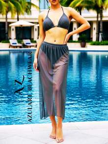 SALIDA DE PLAYA, FALDA LARGA, PAREO PARA MUJER CON AVERTURA HASTA LA CINTURA EN LOS 2 COSTADOS, TELA SEMITRANSPARENTE, SÚPER STRETCH, SEXY, CASUAL Y MUY A LA MODA. - Negro - Ver 4
