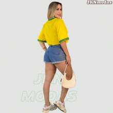 Women's Oversized Cropped Top With Brazil Print, 100% Cotton, Prime Fabric, World Cup 2026, Blouse, T-Shirt, International Fashion. - 黃色 - 查看 5