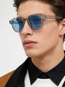 1副男士复古休闲方形蓝色时尚眼镜，适合日常佩戴和街头摄影 - 灰框藍片 - 查看 1