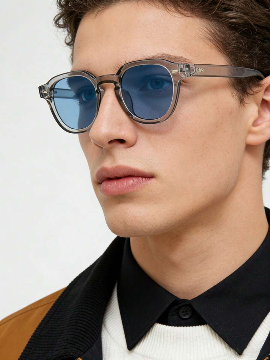 1副男士复古休闲方形蓝色时尚眼镜，适合日常佩戴和街头摄影 - 灰框藍片 - 查看 1