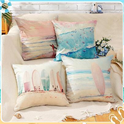 4件套沙滩枕套，学院风粉彩冲浪板图案，复古美学海洋海岸风光，女孩房装饰，适用于露台沙发或躺椅，单面图案，不含枕芯