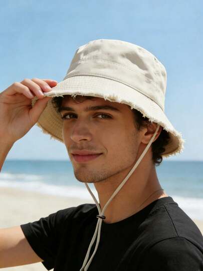 1 Summer Drawstring Brim Bucket Hat, Outdoor Bucket Hat, Adjustable Chin Strap, Wear And Tear Design, Soft Fabric, Windproof, Fashionable, Suitable For Travel, Beach, Seaside Leisure Vacation, Daily Use