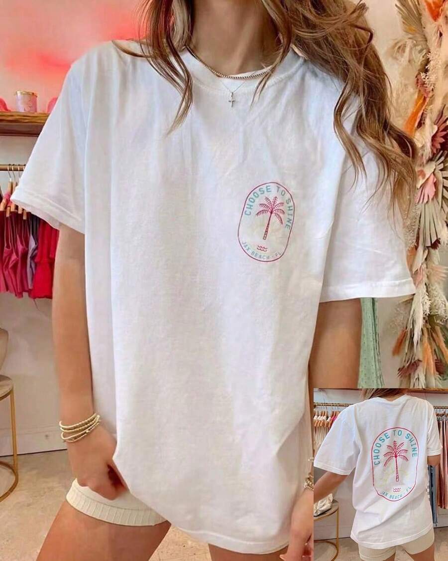 Womens Y2k Coconut Tree Graphic Oversized T Shirts Tops Coconut Tree/Letter Print Short Sleeve Round Neck Loose Fit Tee Shirt Summer Vintage Aesthetic Baggy Tees Tops Preppy Coastal Teen Girl Clothes Streetwear-White And Navy Off-The-Shoulder Cropped Unisex Top - 白色 - 查看 1