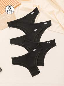 5 piezas Bragas de mujer de alta elasticidad acanaladas, ropa interior con diseño de letras de talle bajo - Negro - Ver 10
