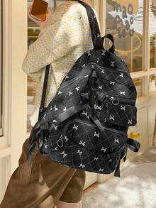 Large Capacity Corduroy Backpack With Bow Pattern, Korean Cute Style, Suitable For Women's Daily Commute And School Use - Multicolor - View 5
