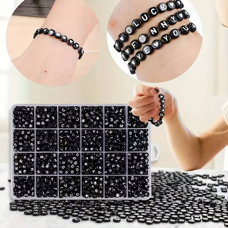 1200pcs/Box With 24 Compartments, Includes A-Z Gold Acrylic Beads, Black With White Letter Beads, Acrylic Letter Beads, Mixed 100/500pcs Bag, Loose Beads - DIY Fashion Bracelet And Necklace Craft Kit - Multicolor - View 1