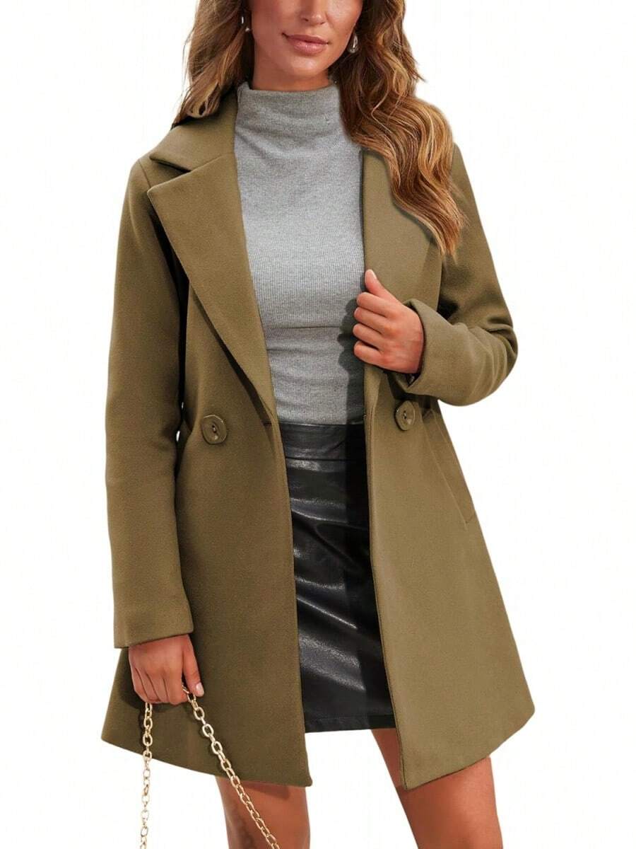 Women's Wool Pea Coat Double Breasted Midi Trench Coat - Camel - View 1