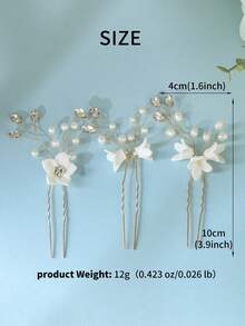 3件套优雅仿珍珠水钻白色花朵U型发夹，新娘婚礼伴娘发饰，仙女甜美发髻发夹 - 彩色 - 查看 3