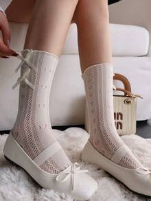 女士蝴蝶结袜一双，薄蕾丝花边心形芭蕾舞袜，蕾丝荷叶边装饰薄网镂空中筒袜，白色，透气，百搭，适合秋季，薄透明性感丝袜，新品上市，适合所有季节 - 彩色 - 查看 15