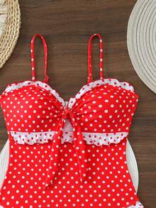 Women's High Elasticity Polka Dot One-Piece Swimsuit With Ruffle Trim Decor Vacation Beach Red Summer - Red - View 4
