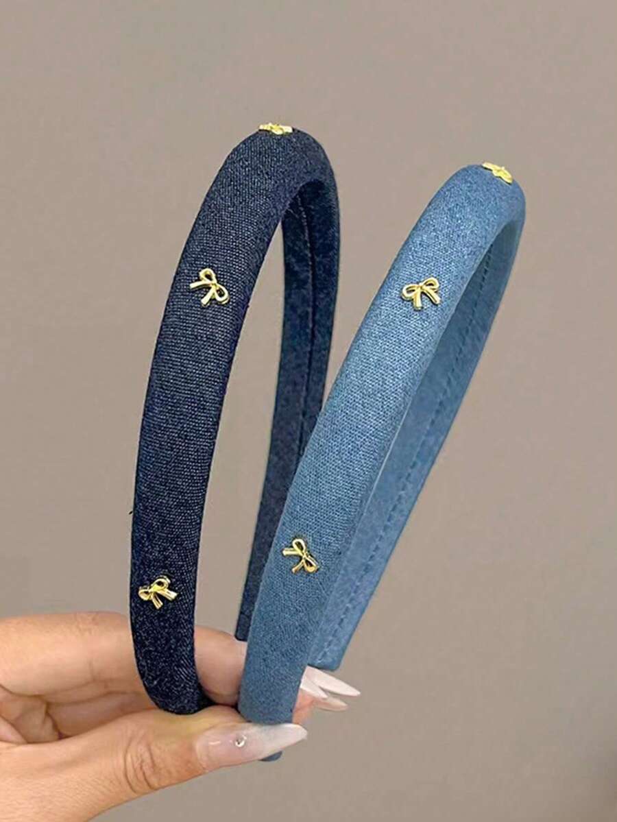 1-2 chiếc băng đô cài tóc nơ bằng vải denim xanh dương cho bé gái, băng đô cài tóc denim kiểu retro, phụ kiện tóc hàng ngày bằng mút xốp. - Nhiều màu - Xem 1