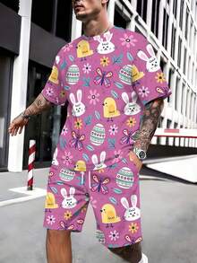 A Set Of Cute Lively Knitted Slightly Stretch Fabric Easter Bunny Chick And Egg Pattern Men's Casual Set Spring And Summer Machine Washable With Pocket Drawstring Easter Gift Purple And Colorful Contrast Color Men's Printed Beach Pants Set - Nhiều màu - Xem 4