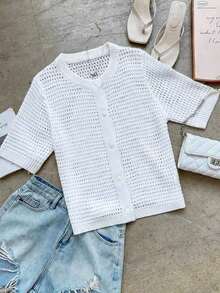 FOR BEAUTY Summer New Round Neck Short Sleeve Knit Cardigan, Women Loose Hollow Thin Button Cream Yellow Top, Casual Versatile, Suitable For Street Shopping And New Year Wear Spring - 白色 - 查看 7