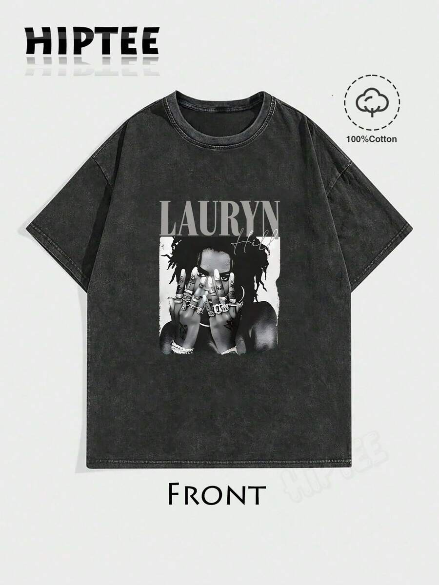 With Ring On Hand - 100% Cotton Women's T-Shirt Lauren Hill Letter Print Y2k Vintage Tee Casual Summer Plus Size Top - Niche Graffiti Prints Shirts - Washed - Black - 查看 1
