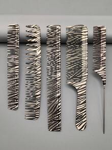 5件套理发师剪发梳套装，适合男女长发修剪和造型，双面沙龙专业剪发梳 - 彩色 - 查看 15