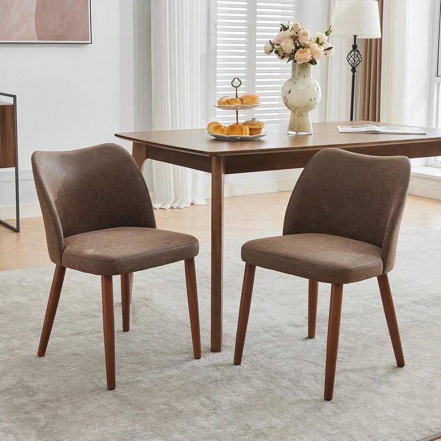 Silla para Comedor moderna Set de 2 Unidades, Silla de cocina tapizada con Tela Duradera de Cuero PU (Textura Lino) con asiento acolchado para Mayor Confort, Silla para Comedor Estilo Mid - Century con patas de madera, ideal para Sala de Estar, Restaurantes y Cafés - Piel sintética - Café - Ver 1