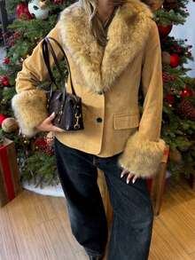 Blazer de terciopelo y piel sintética minimalista de estilo europeo y americano, nueva colección de otoño/invierno de Seelio - Marrón claro - Ver 2