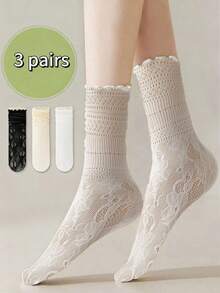 1/3 Pairs Women's Summer Thin Lace White Mid-Calf Socks, Lace Trim Design, Versatile, Breathable Mesh Knit, Soft & Comfortable, Suitable For All Seasons - Multicolor - View 8
