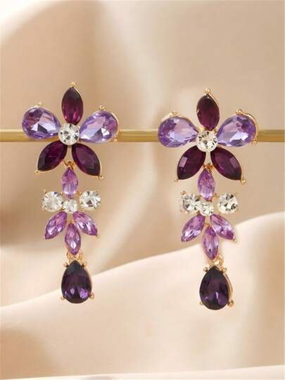 一对时尚几何彩色钻石长宫廷风个性化复古花卉水滴耳环 女士夸张配饰礼品