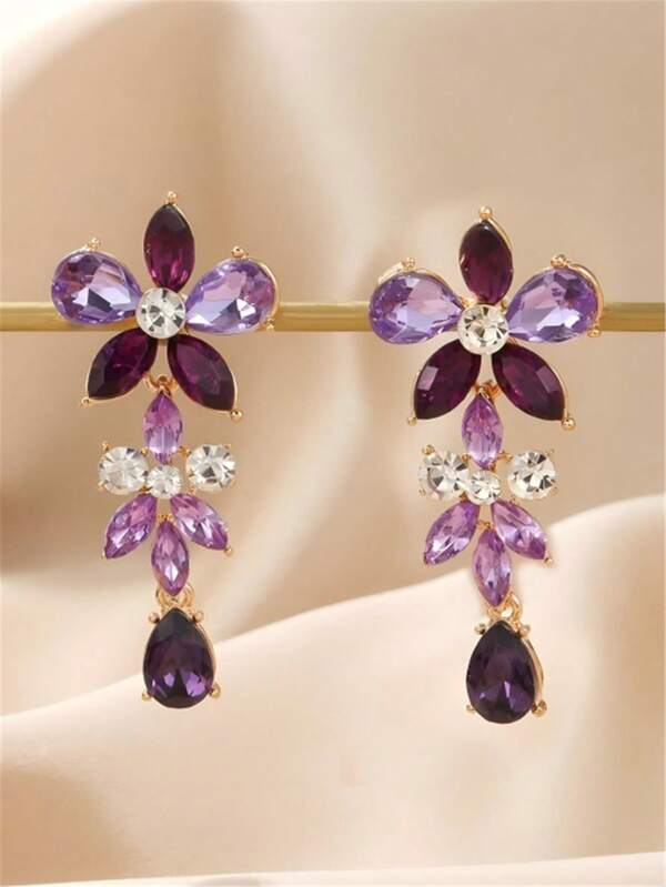 1 Pair Fashion Geometric Color Diamond Long Palace Style Personalized Retro Floral Drop Earrings Earrings Women Exaggerated Accessories Gift