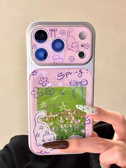 Cartoon Pink Tulip Lawn Kitten & Puppy Protective Phone Case For IPhone 17/17 Pro Max, Dual Layer Shockproof Cover For IPhone 16/15/14/13, Creative Personalized Design For Women