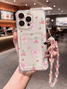 樱桃领结彩绘透明卡包多功能卡包，带腕带，加厚防震手机保护壳，兼容 17/17Pro/17ProMax、16/11/16Pro/16Plus/16ProMax/16e、15ProMax、13/14/12/XS/XR/7G/8P、Galaxy S25/S25PLUS/S25 Ultra、A16/A36/A26/A56/A50、11/12Pro/12/12X/13Pro/14Pro/15Pro/X3pro、10/9/Note9/12c/Note11pro/Note8Pro/9C/9a - 彩色 - 查看 2