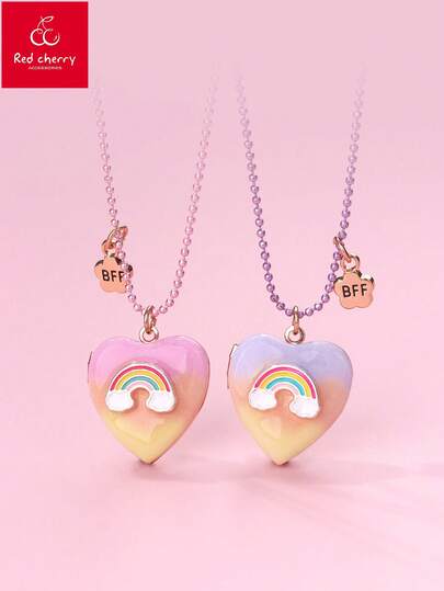 2pcs Girls' Heart-Shaped Rainbow Flower Zinc Alloy Enamel Openable Necklace Set, Cute Jewelry Suitable For Friends And Daily Wear