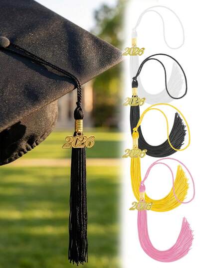 2026届毕业帽薄纱，单色毕业流苏配金色日期吊坠，毕业生帽薄纱，2026届毕业帽金色吊坠，毕业典礼装饰品，毕业生优雅多色可选