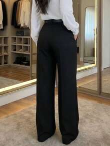 (Without Belt) Black High Waist Pleated Wide Leg Pants, Women's Business Casual Trousers For Workplace Spring - Black - View 3